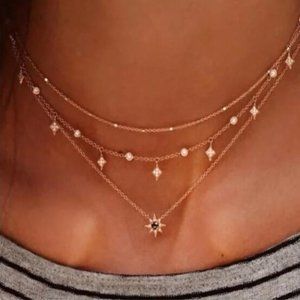 Gold Star Rhinestone Layered Necklace